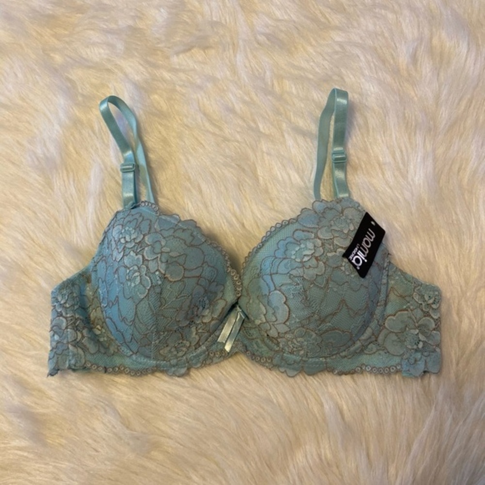 Mamia Lightly Lined Bra Womens Size 36C Blue Floral Lace Underwire Back Closure